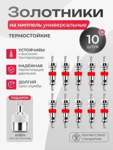 Золотник вентиля автомобильный короткий, набор 10шт + колпачок на ниппель со шлицом (с ключом)