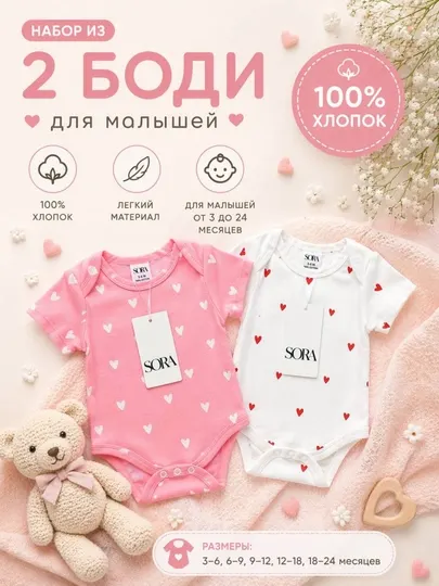 Детское боди Sora с коротким рукавом, в наборе 2 штуки