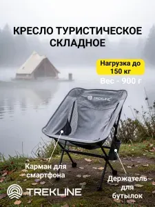 Кресло туристическое складное с карманом и держателем бутылок TREKLINE, цвет серый