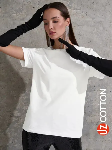 UZcotton Футболка молочная прямого кроя базовая однотонная