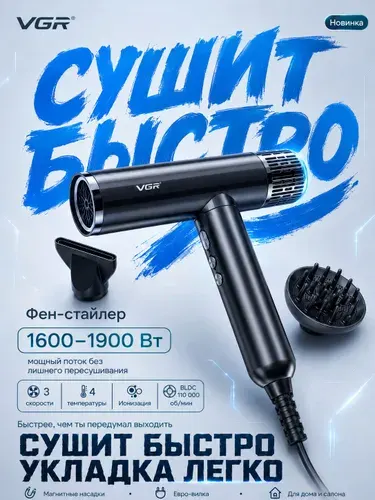 Фен для волос профессиональный с насадками/ Высокоскоростной сушки1900 Вт V-427