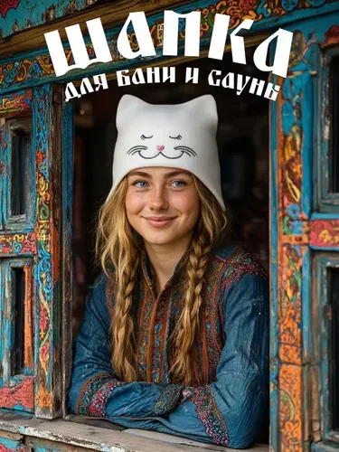 Шапка для бани и сауны женская "Кошечка", банный аксессуар, подарок в баню, банный текстиль в СПА и парную