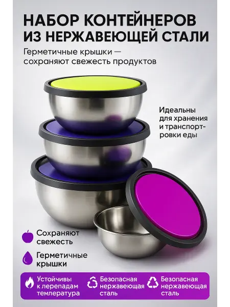 ZiZi Набор контейнеров миски для еды из стали 3 шт с крышками