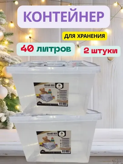 Контейнер пластиковый, прозрачный, с крышкой, 40 л, 2 шт