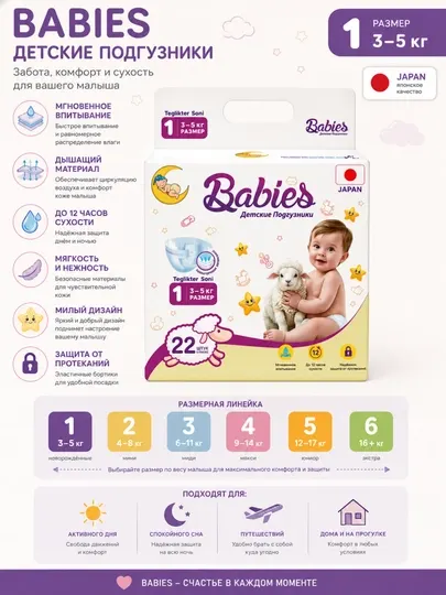 Детские подгузники Babies, 1-6 размеры