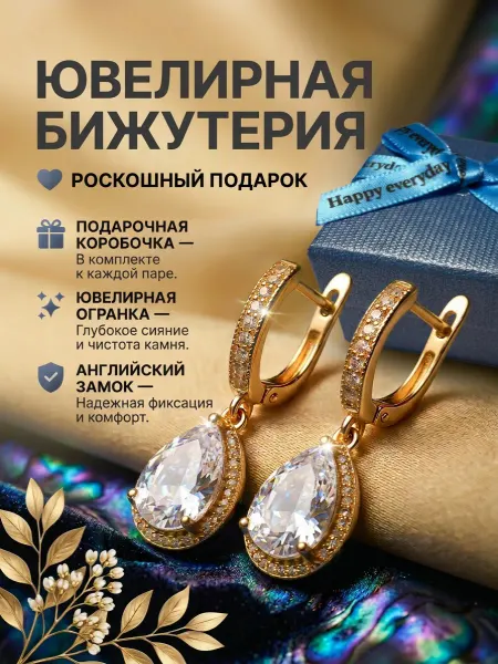 Серьги с прозрачными камнями бижутерия капли