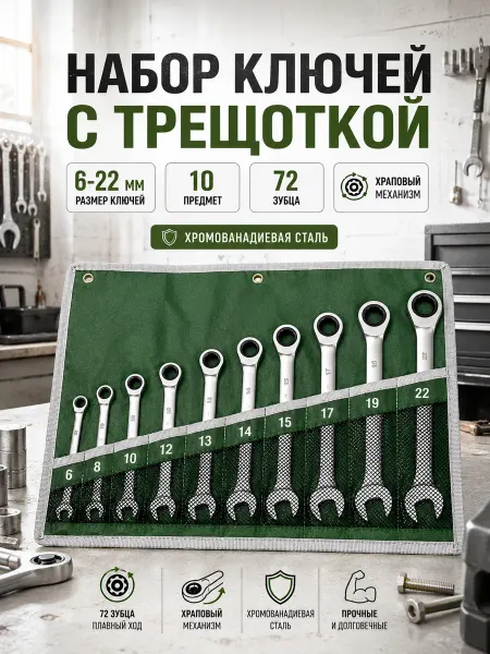 Набор ключей с трещоткой 6-22 мм