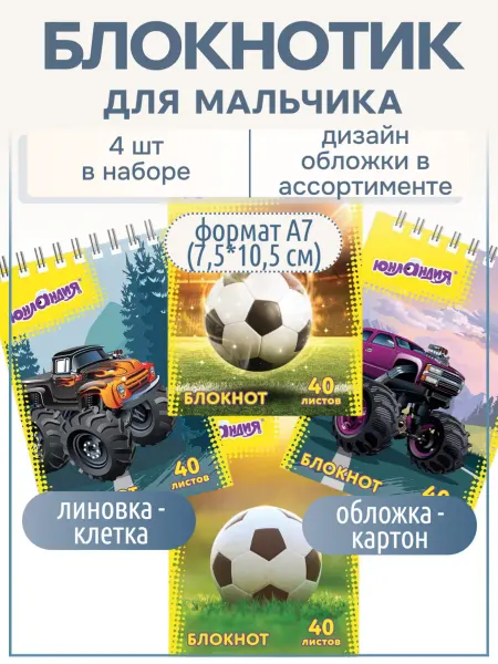 ЮНЛАНДИЯ Блокнот для мальчика маленький набор 4 шт