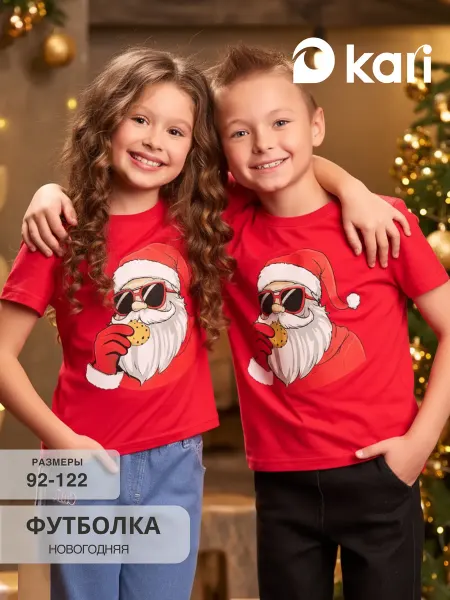 KariKids Футболка новогодняя детская красная с принтом