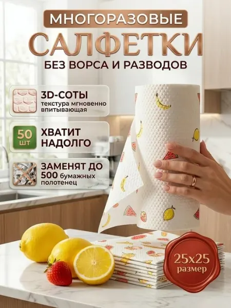ДомБлеск Салфетки для уборки безворсовые в рулоне 50шт для кухни