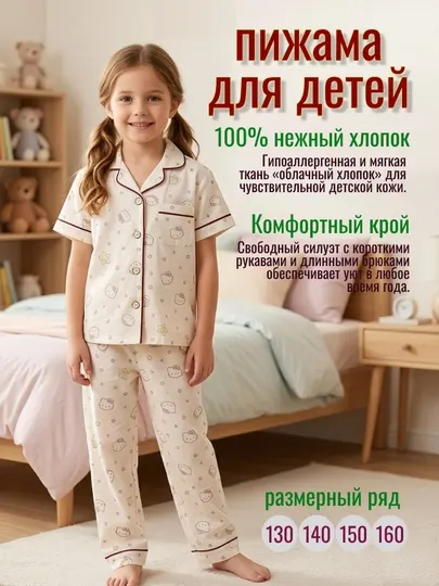 Детская пижама для девочек с брюками и коротким рукавом, хлопковый домашний костюм