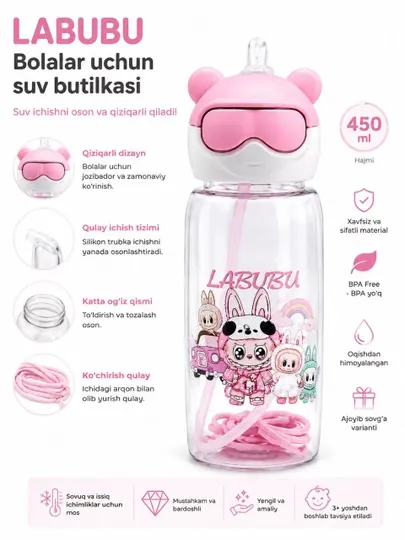 Детская бутылка для воды с трубочкой, дизайн с зайчиком, крышка в форме мишки