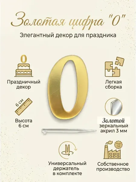 Топпер цифра " 0", акрил серебряный 3 мм