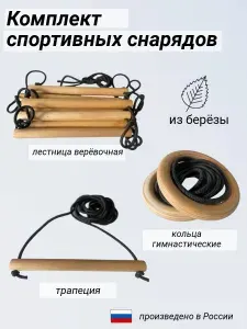 Комплект гимнастических снарядов для спортивного комплекса: гимнастические кольца деревянные, верёвочная лестница, трапеция