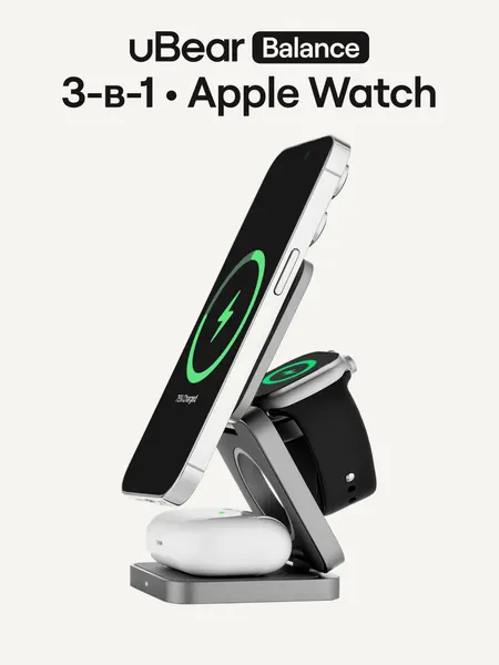 Беспроводная зарядка 3 в 1 uBear Balance, Apple Watch совместимость, Qi, 25 Вт, цвет: серый