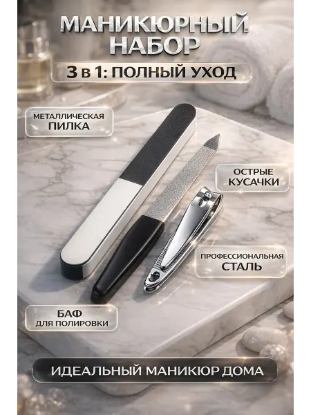 Маникюрный набор 3 в 1 пилка для ногтей, клиппер и баф