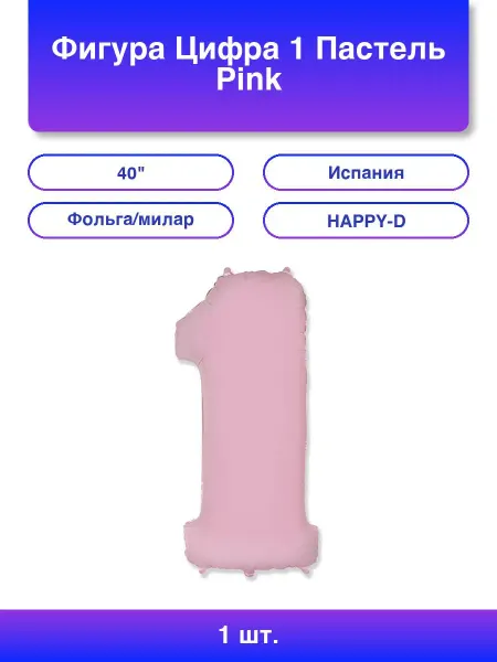 1шт. Фигура Цифра 1 Пастель Pink см