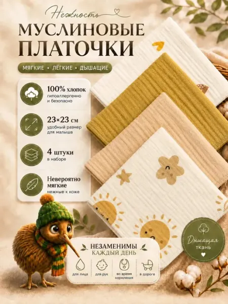 Kiwi kids Муслиновые платочки детские носовые 100% хлопок