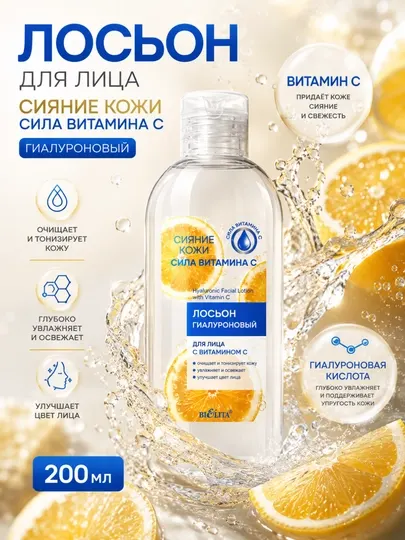 Лосьон для лица Сияние кожи, Сила витамина C, гиалуроновый, 200 мл, Белита