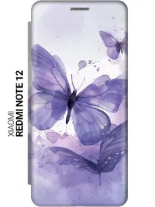 Чехол-книжка на Xiaomi Redmi Note 12 с принтом "Сиреневые акварельные бабочки" золотой