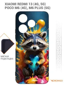 Чехол для Xiaomi Redmi 13 4G 5G, Poco M6 4G, M6 Plus 5G с рисунком, с защитой камеры, с подкладкой из микрофибры, противоударный, черный с принтом ЕНОТ КРАСКИ ИИ / Ксиоми Редми 13 Поко М6 Плюс