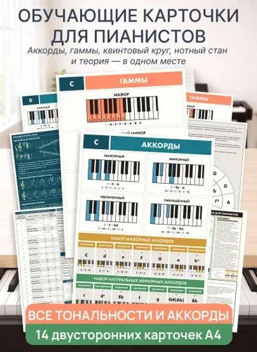Фортепиано: карточки с аккордами, гаммами и теорией музыки, нотация, кварто-квинтовый круг, 14 листов, формат A4