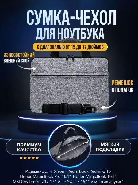 Сумка для ноутбука с диагональю от 15,6 до 17 дюймов серая