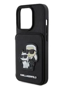 Чехол Karl Lagerfeld PU Saffiano Cardslot Stand на Apple iPhone 15 Pro / для Айфон 15 Про из экокожи, с картхолдером, с функцией подставки, с нашивкой NFT Karl & Choupette, черный