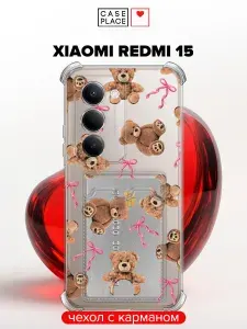 Чехол на Redmi 15 (Редми 15) с карманом и принтом "Мишки и бантики"