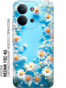 Силиконовый чехол на Xiaomi Redmi 15C 4G с принтом Ромашки на голубом, trn