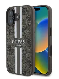 Чехол Guess на iPhone 16, PU Magsafe из экокожи и силикона, с принтом 4G Stripes, коричневый
