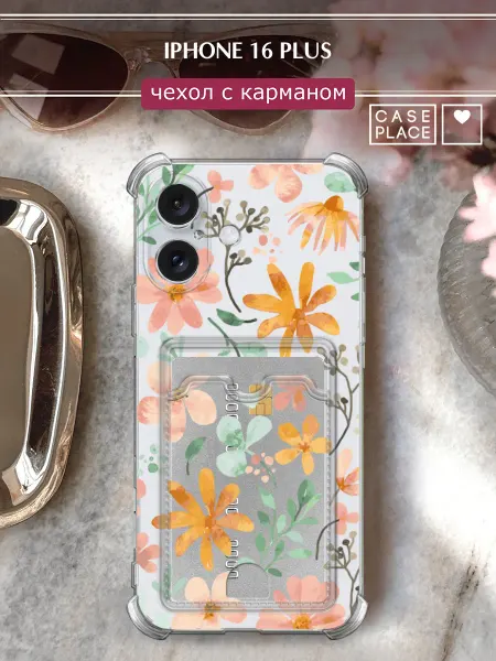 Case Place Чехол на iPhone 16 Plus с картхолдером с цветочками