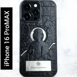 Чехол iPhone 16 Pro Max / Euphoria HM Николай Чудотворец - Euphoria HM Premium - натуральная кожа CROC, металл, православие