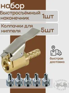 Быстросъемный наконечник для возд.насоса или компрессора и Колпачки на ниппель металлические 5 штук