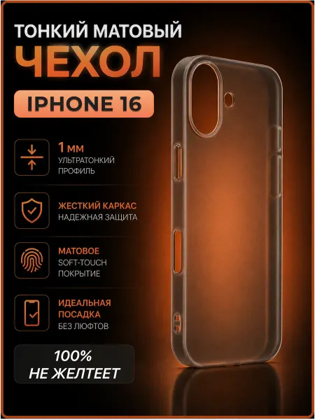 Koss Market Чехол на iPhone 16 черный пластиковый матовый ультратонкий