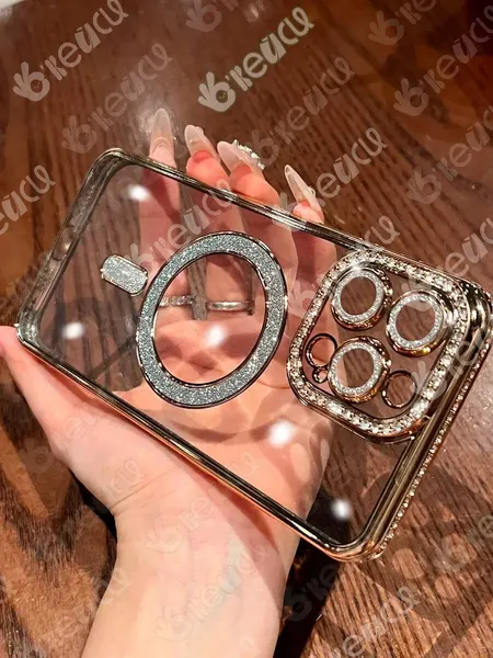 Чехол на iPhone 16 Pro Max MagSafe со стразами, золотистый полупрозрачный