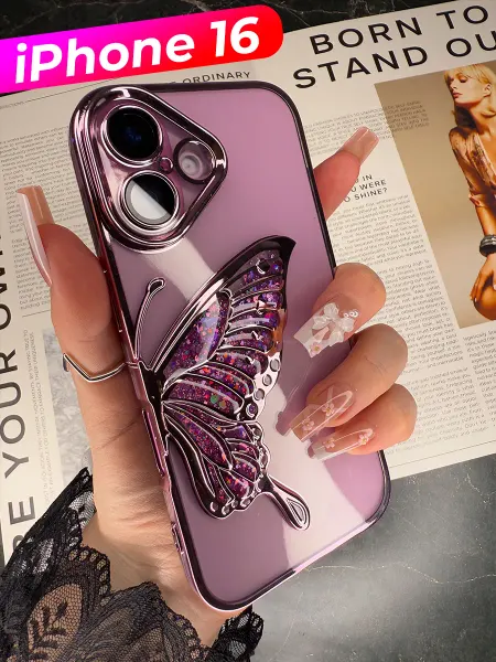 Shimmy Чехол на iPhone 16 блестящий с бабочкой