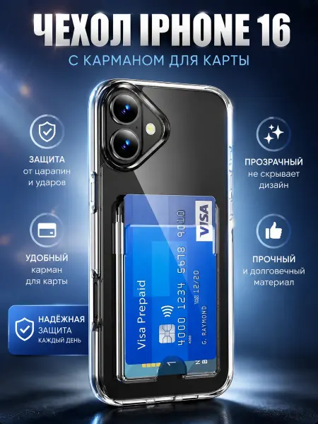 Чехол на Iphone 16 прозрачный с карманом под карту