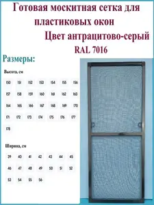 Готовая москитная сетка для пластиковых окон/Антимоскитная сетка/Ширина 510 мм x Высота 1600 мм/ Антрацитово-серый RAL 7016