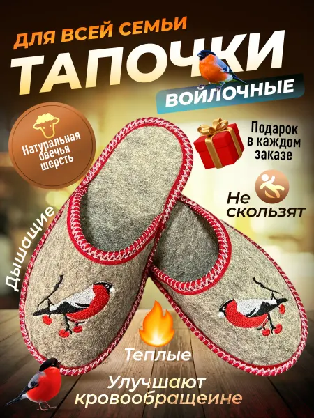Экотека Домашние тапочки натуральные войлочные Снегири