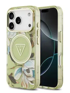 Чехол Guess на iPhone 17 Pro, IML Glitter MagSafe, c металлическими защитой камеры и кнопками, с блестками и принтом Flowers, Triangle logo, зеленый