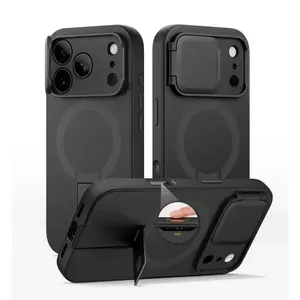 Чехол Suritch для iPhone 17, магнитный защитный чехол с крышкой камеры, регулируемая металлическая подставка, черный