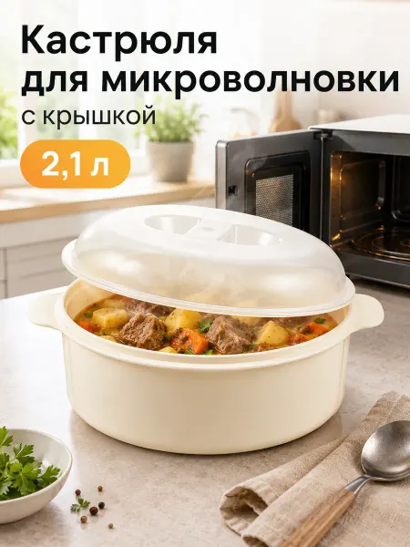 Полимербыт Кастрюля для микроволновки с крышкой пластиковая 2.1 л