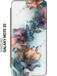 Чехол-книжка на Samsung Galaxy Note 20 с принтом "Мистические цветы" золотой