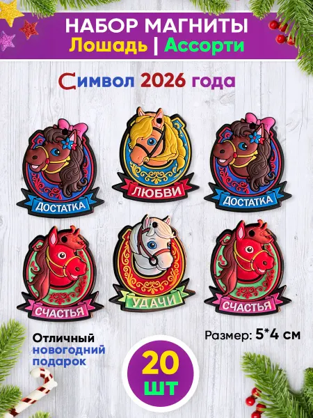 INVIMA Магниты новогодние символ 2026 года Лошадь 20 шт набор