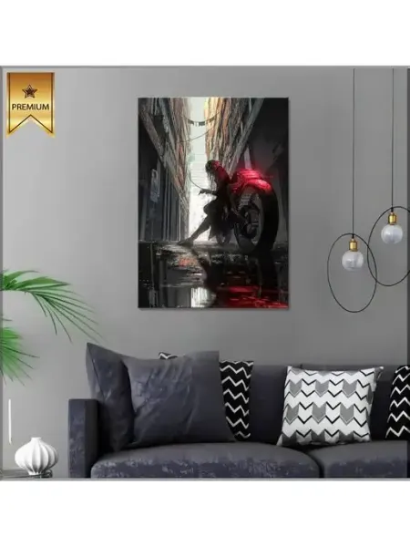 Classic Art Картина на холсте Девушка на мотоцикле киберпанк 20х30