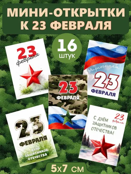Мини-открытки к 23 февраля 5х7 см (16 штук)