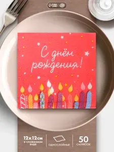 Салфетки бумажные однослойные С Днем рождения / 24х24 см / Набор 50 шт.