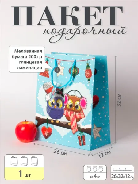 Upak.me Пакет новогодний 26х32x12, совушки, синий, меловка, 1шт