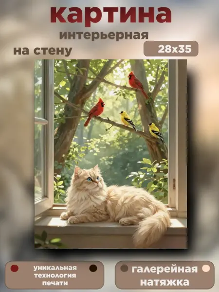 Интерьерный штрих Интерьерная картина „Кот и певчие птицы“, 28×35 см
